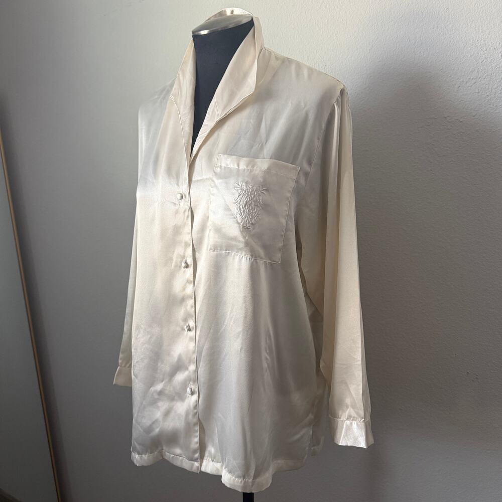 Vintage Victoria’s Secret Ivory Satin Pajama Top Button Front Embroidered Pocket